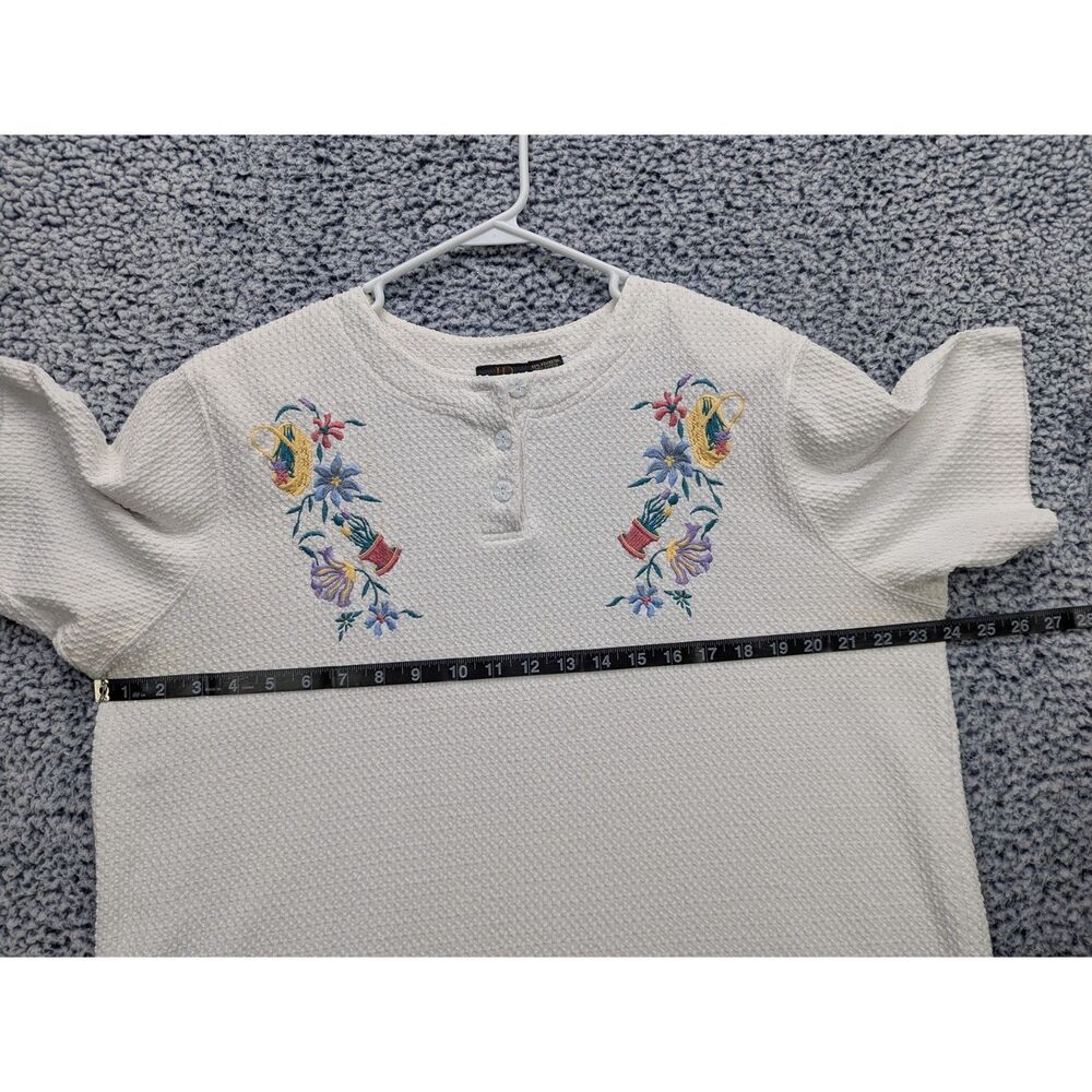 VTG Waffle Knit Floral Embroidered Top Size XL Cottage Granny Garden White - Picture 10 of 12